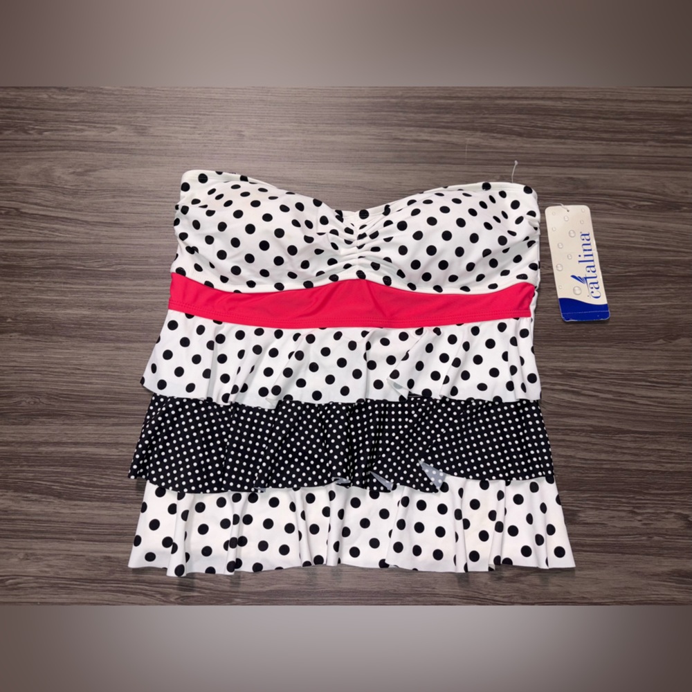 Catalina Strapless Polka Dot Ruffle Swim Top with Pink Accent size Large
